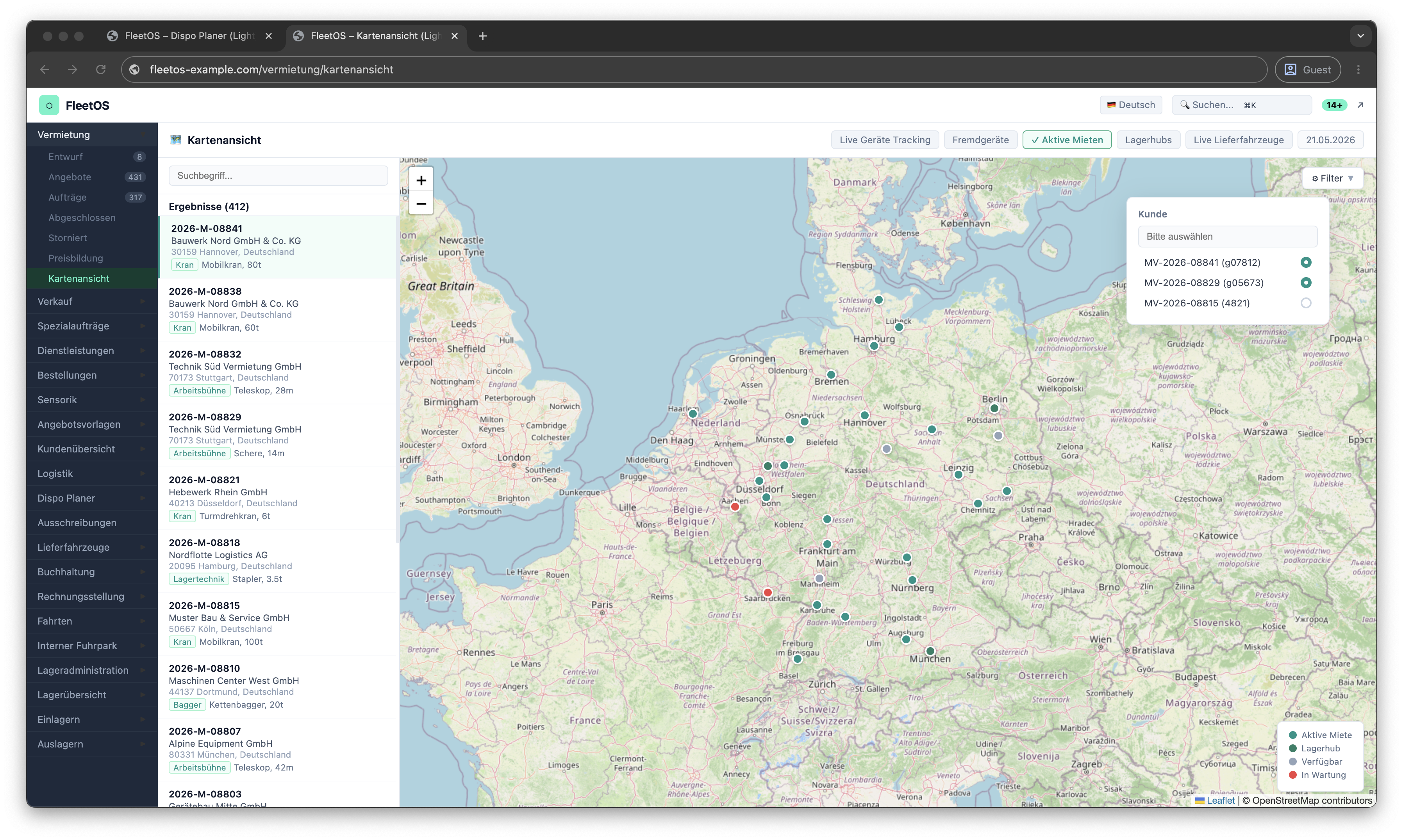 FleetOS — Kartenansicht mit Live-Geräte-Tracking